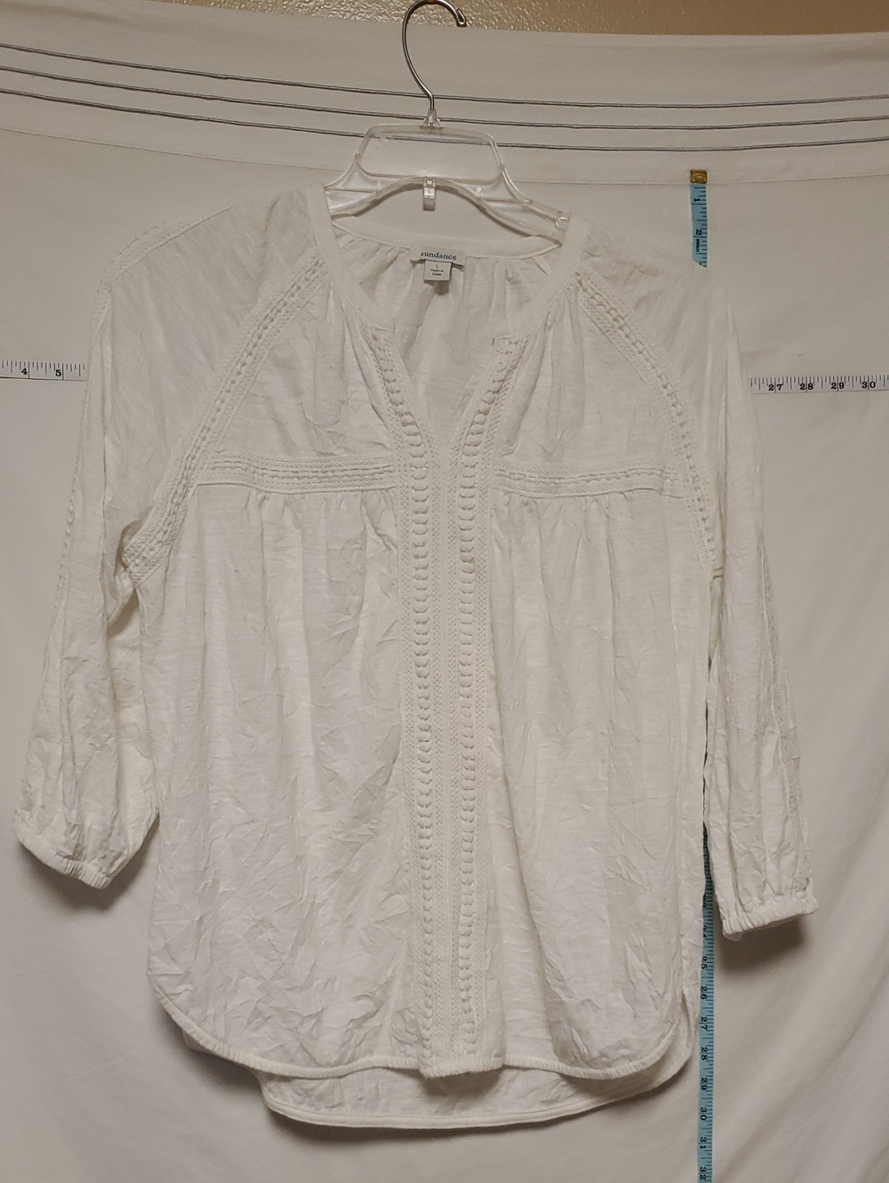 Sundance White Crochet-Trim 3/4 Puffy Sleeve V Neck Tunic Top Lg Boho Romantic